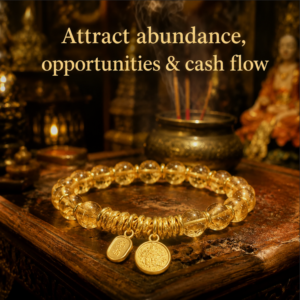 Gold-plated citrine bead bracelet with round charms and crystal-like stones
