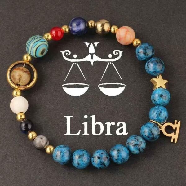 Zodiac energy bracelet for Libra with blue stone beads, gold ring charm, star charm