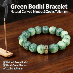 13 Green bodhi beaded bracelet with carved patterns and central metal mantra charm