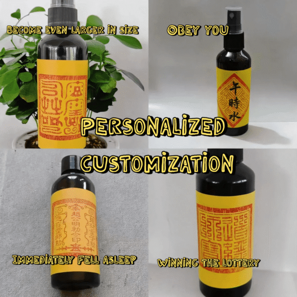 Fragrance mist bottles set with black caps and yellow-gold labels