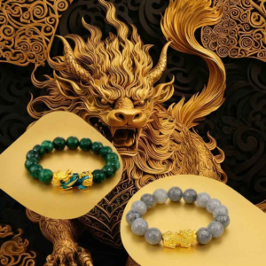 Green jade bead PiXiu bracelet with gold-and-blue PiXiu charm
