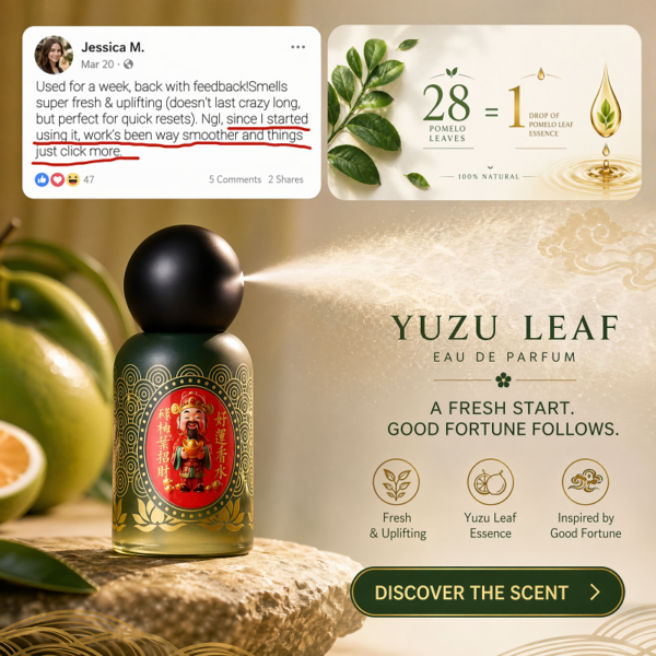 Yuzu leaf fragrance bottle with gold liquid, black cap, and green leaves on a stone