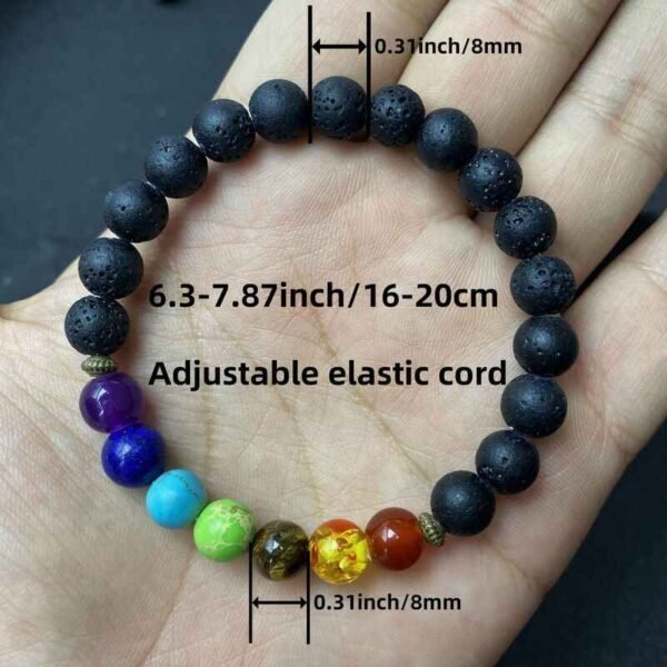 Close-up lava bead bracelet with colorful chakra stones and elastic stretch fit