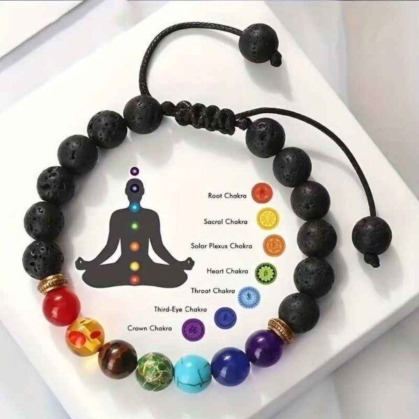 Lava stone bead bracelet with multi-color chakra beads and elastic macramé cord