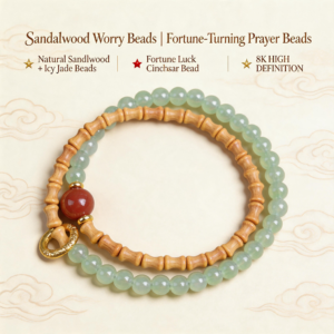 2_81245c07-76c8-4309-8cd4-f9f4dbaa6caa Sandalwood worry beads bracelet with pale green round beads, tan bamboo beads, and red accent charm