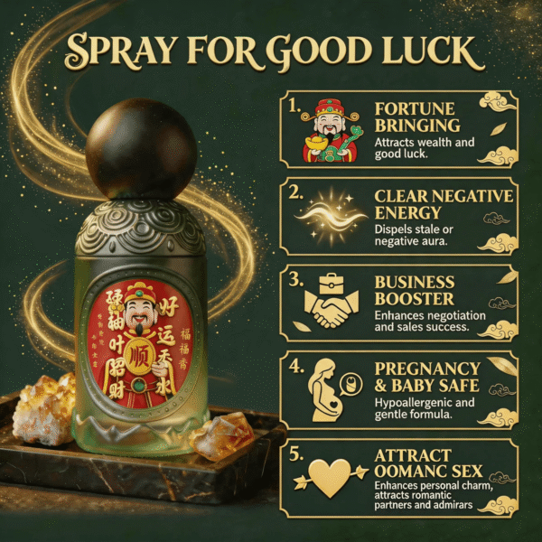 Ritual mist fragrance bottle with dark sphere cap and red label on an ornate board