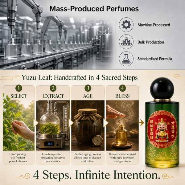 Green fragrance bottle with black cap shown with handcrafted step icons