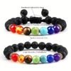 Adjustable knot chakra bead bracelet set with black lava beads and rainbow stones