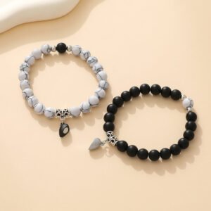Couple Heart Bracelet Set – White Turquoise & Black Frosted Stone mySite