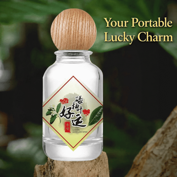 Lucky charm fragrance mist bottle with wooden cap and red square label