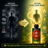 Fragrance bottle with glowing aura effects and gold-green background energy