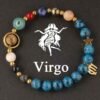 Beaded zodiac planet energy bracelet with blue stones, gold charms, Virgo