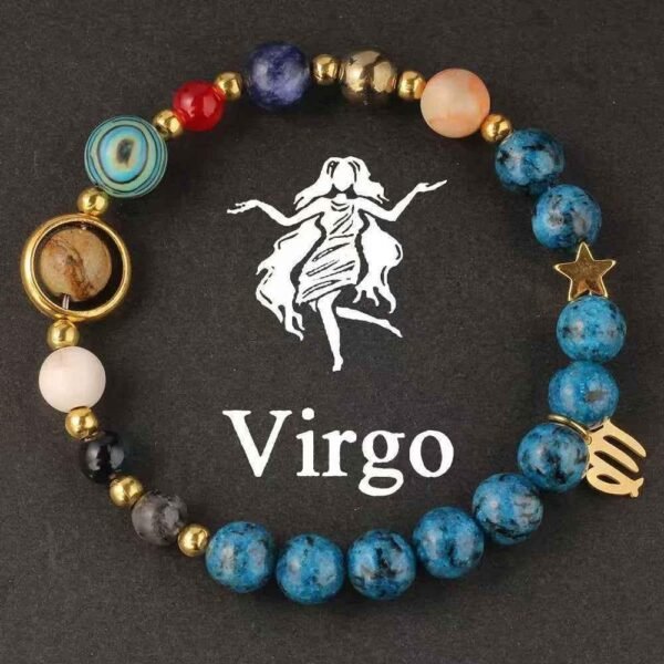 Beaded zodiac planet energy bracelet with blue stones, gold charms, Virgo