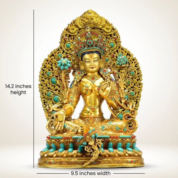 Full Gilded Green Tara Statue | Copper Buddhist Deity with Gem Inlay