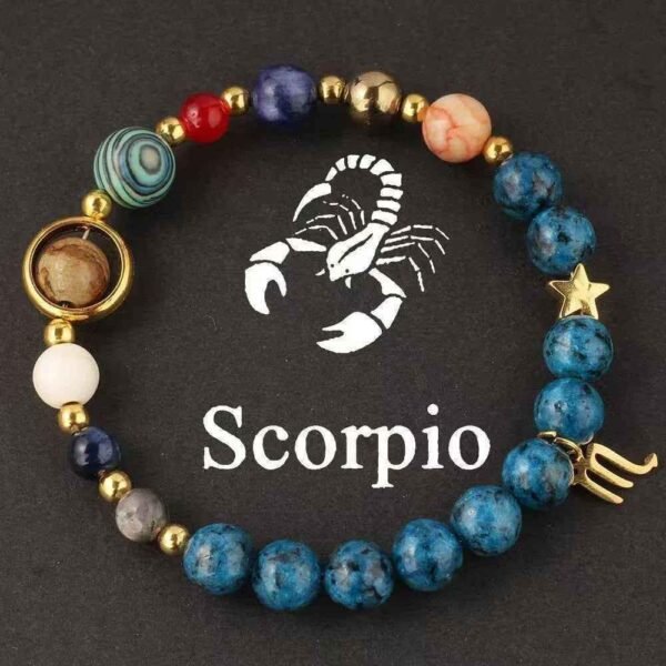 Zodiac energy bracelet for Scorpio with blue stone beads, gold ring charm, star charm