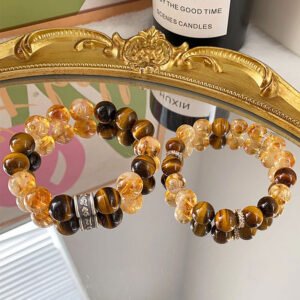 COP-1-ZT1 Two gemstone beaded couple bracelets with tiger-eye and citrine beads, silver accents