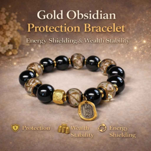 Gold obsidian protection bracelet with black and smoky beaded strands, gold charm pendant