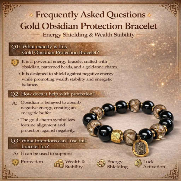 Gold obsidian protection bracelet with black and smoky beads and a gold protective charm