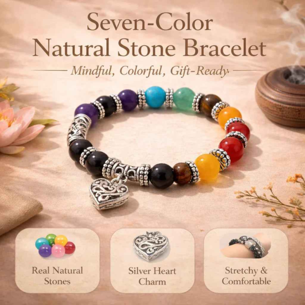 Seven-color stone bracelet with silver heart charm, multicolor bead strands.