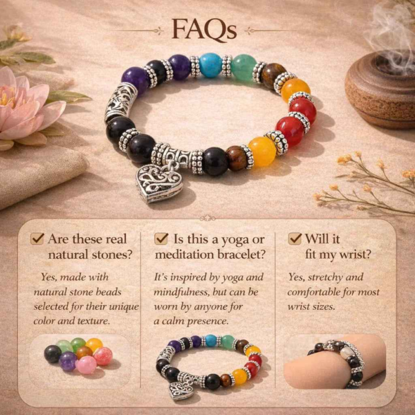 Seven-color stone beaded bracelet with silver heart charm and stacked spacer beads.