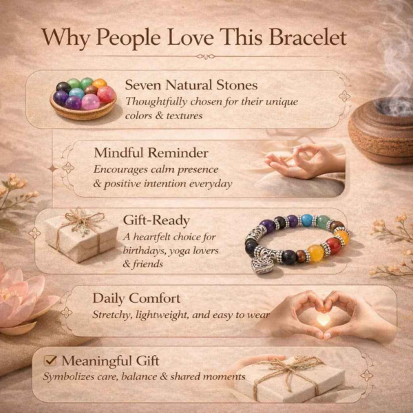 Seven-color stone bracelet with silver heart charm, red and yellow accent beads.