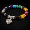 Seven-color stone beaded bracelet with silver heart charm.