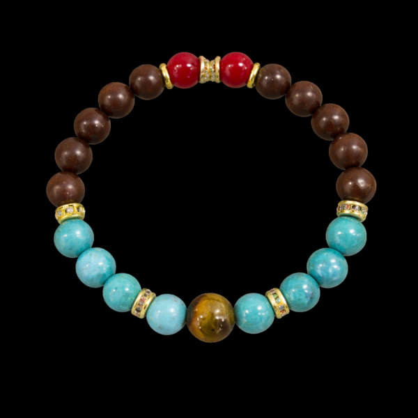 Beaded bracelet with dark brown wood beads, turquoise beads, red accents, and gold details