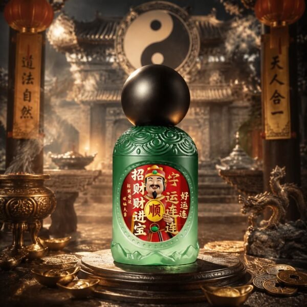 Green ritual mist bottle with round black cap and colorful front label