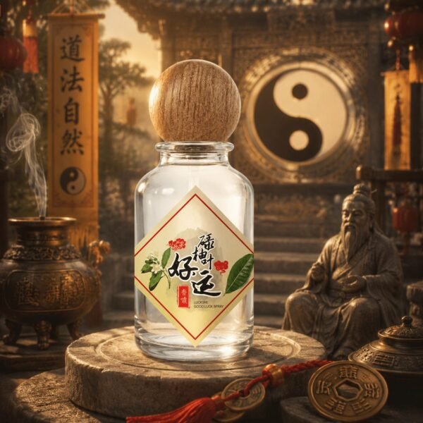 Clear mist bottle with wooden cap and red label on a circular base