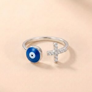 CopperEvilEyeRingwithDiamondZirconStuddedCross1 Copper Evil Eye Ring with Zircon-Studded Cross