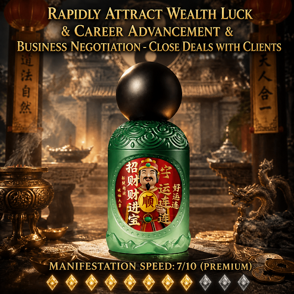 Ritual mist bottle with green glass body and a black round cap, featuring an illustrated label.