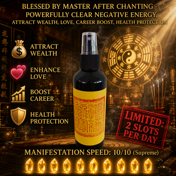 Ritual mist bottle with dark glass and spray nozzle, featuring a gold emblem label.