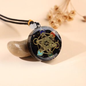 MetatronCubeBlackTourmalineOrgoniteNecklacewithChakraStones1 Black Tourmaline Metatron’s Cube Orgonite Protection Necklace