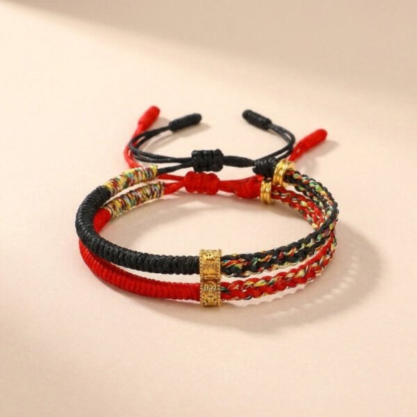 Buddha & Karma Om Mani Padme Hum Red & Black String Bracelets - Luck & Protection