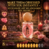 Ritual mist bottle with clear-pink glass and a round cork stopper, with red decorative label.