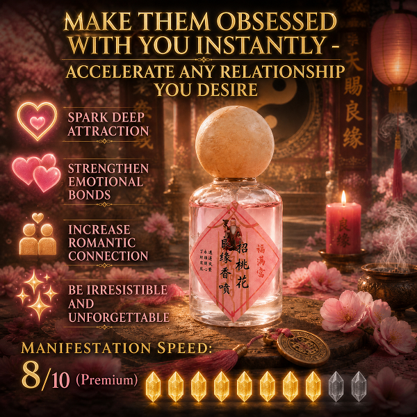 Ritual mist bottle with clear-pink glass and a round cork stopper, with red decorative label.