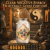 Ritual mist bottle with clear glass and a round wooden cap, sealed with a gold lid.