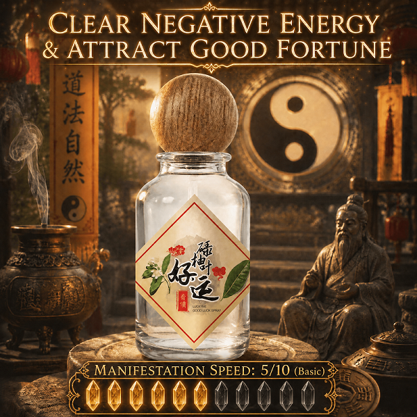 Ritual mist bottle with clear glass and a round wooden cap, sealed with a gold lid.