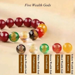Red bead feng shui bracelet with multicolor talisman beads and gold-tone accents