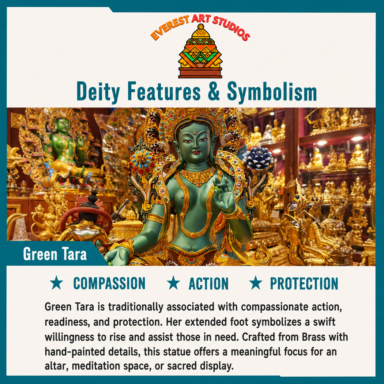 Green Tara deity and symbolism information card