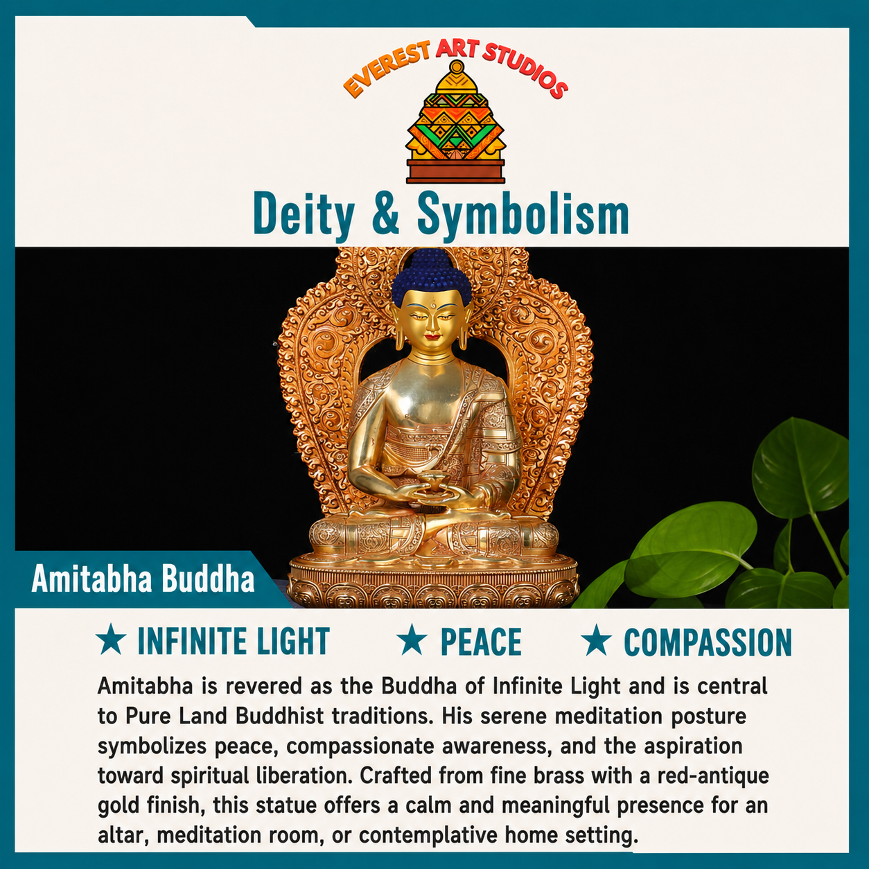 Amitabha Buddha brass statue deity and symbolism information card