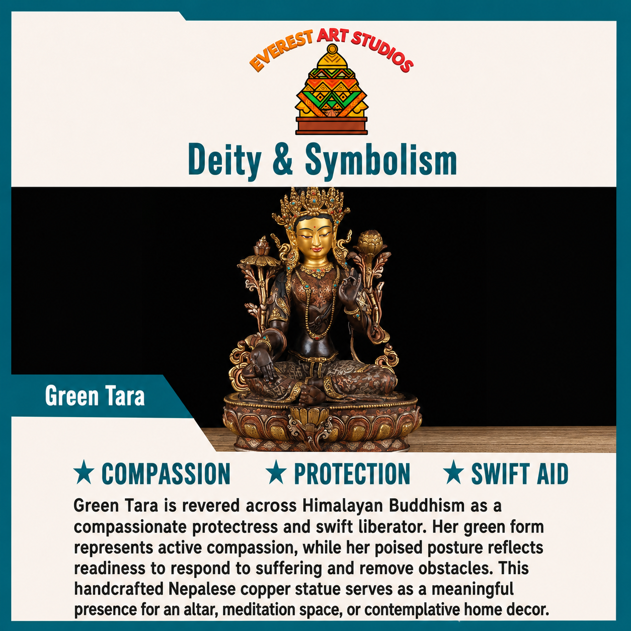 Green Tara deity and symbolism by Everest Art Studios
