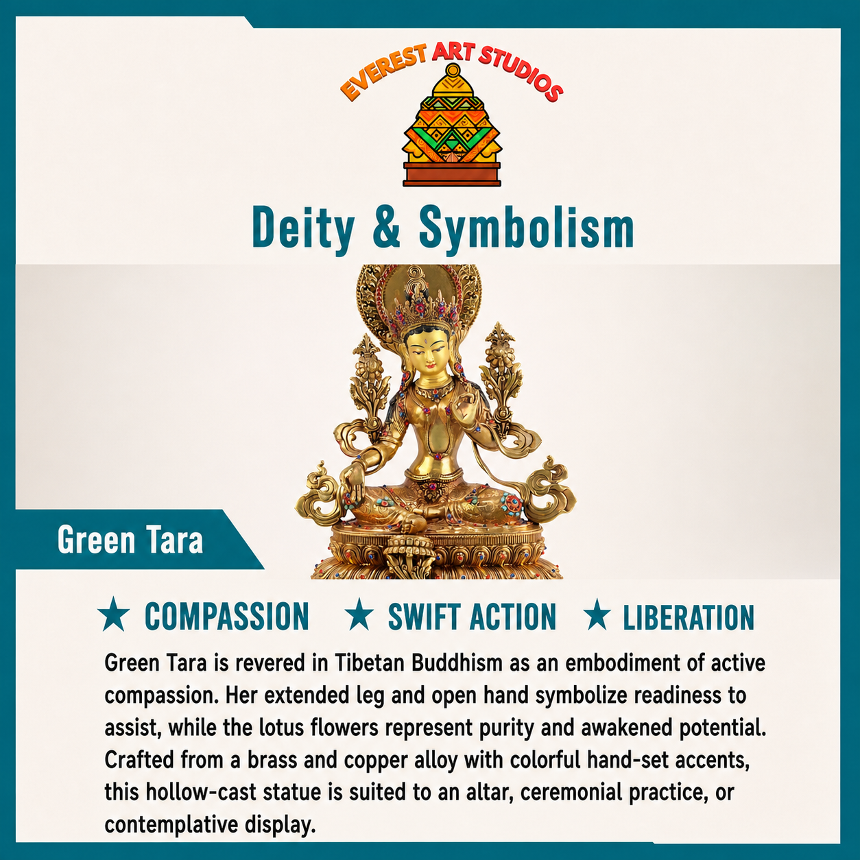Green Tara brass and copper deity and symbolism information card