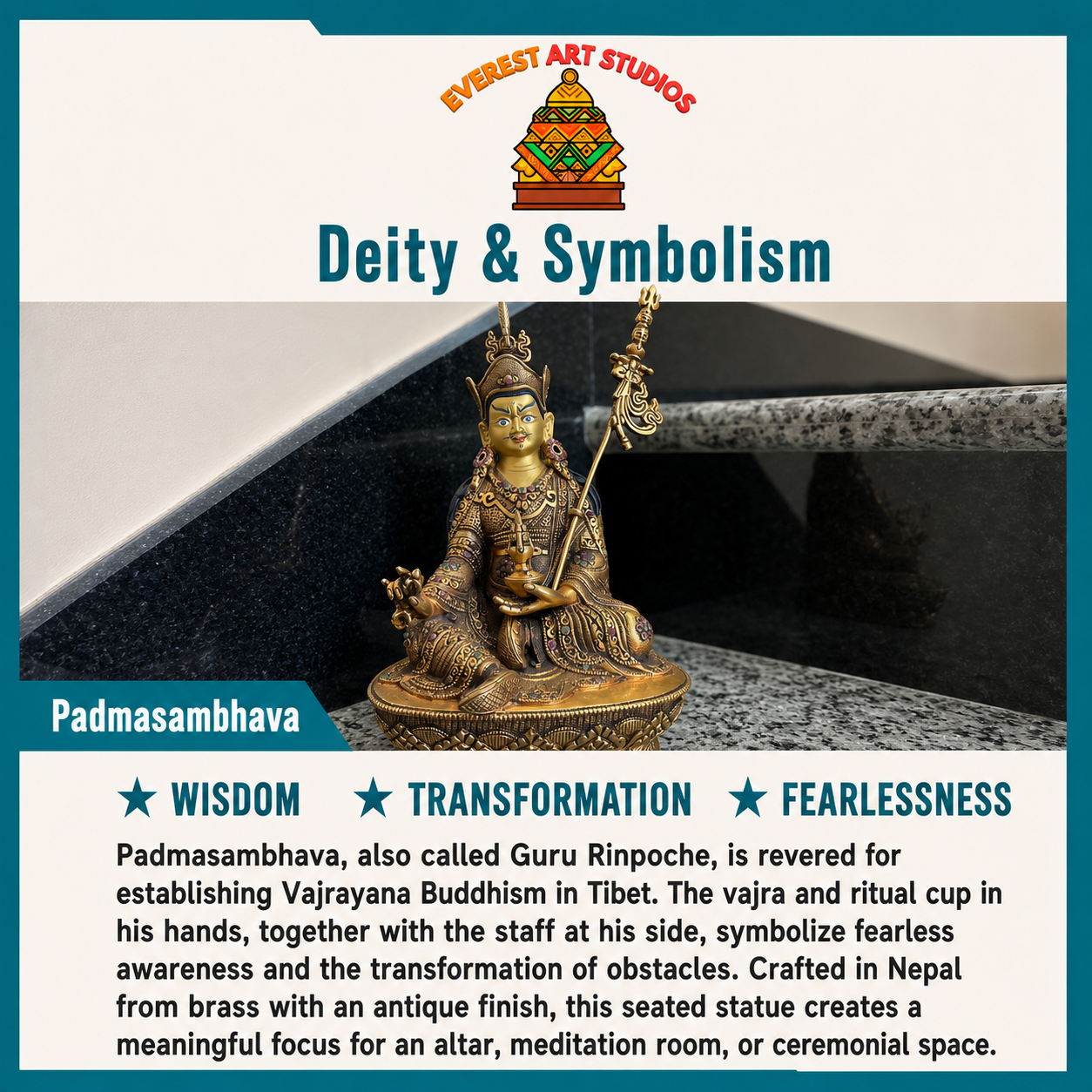 Antique brass Padmasambhava deity and symbolism information card