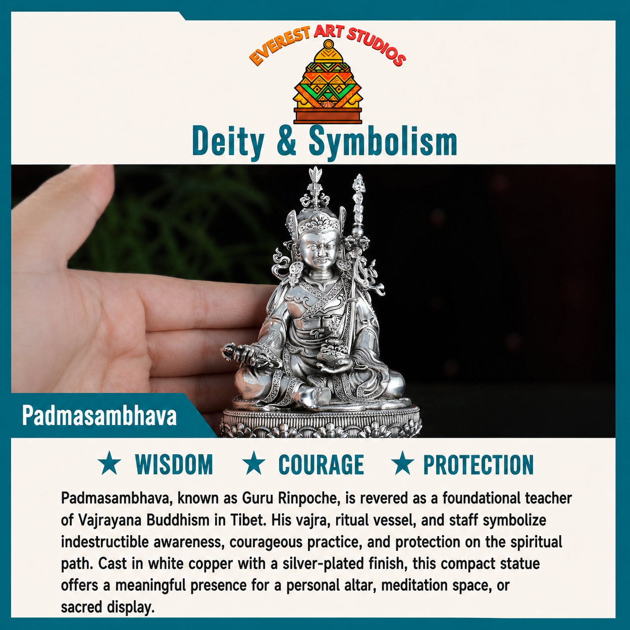 Silver-plated Padmasambhava deity and symbolism information card