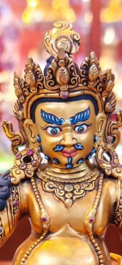 7” Yellow Dzambhala Statue | Handcrafted Nepalese Copper Jambhala | Gold-Gilded Wealth Deity Sculpture | Prosperity & Abundance Decor