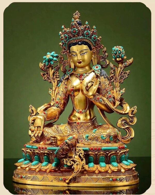 Full Gilded Green Tara Statue | Copper Buddhist Deity with Gem Inlay