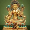Full Gilded Green Tara Statue | Copper Buddhist Deity with Gem Inlay