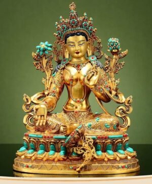 Full Gilded Green Tara Statue | Copper Buddhist Deity with Gem Inlay