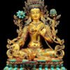 Full Gilded Green Tara Statue | Copper Buddhist Deity with Gem Inlay